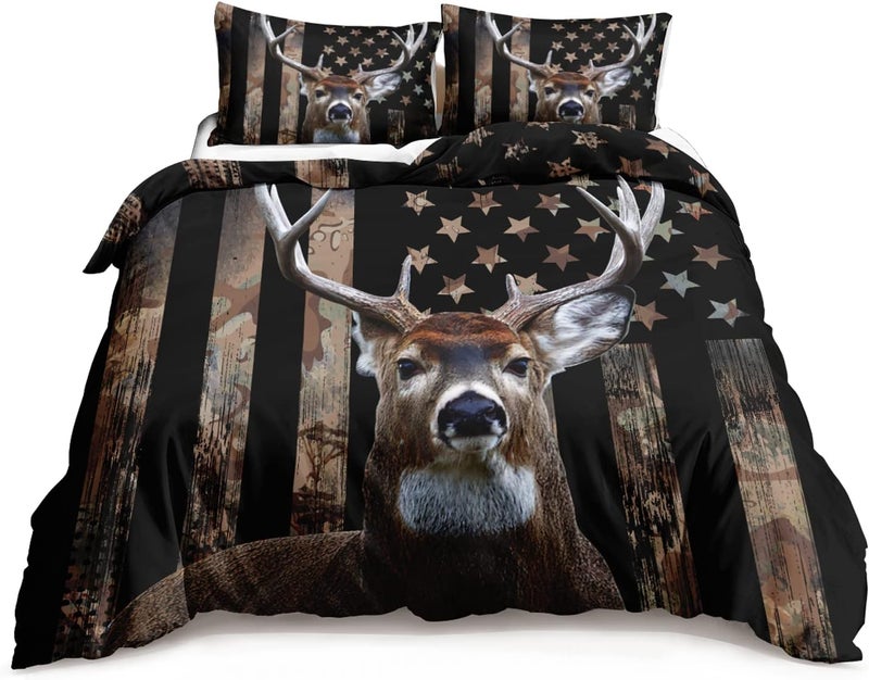 HOSIMA Deer Hunting Bedding Sets,Deer and American Flag Duvet Cover for Hunter Bedroom Decor with 2 Pillowcases Camouflage Bedding Sets for Adult Teen boy Bedding. - Image 1